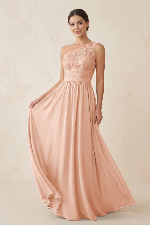 One - Shoulder Lace Chiffon A - Line Bridesmaid Dress in English Rose - KissProm Bridesmaid Dresses