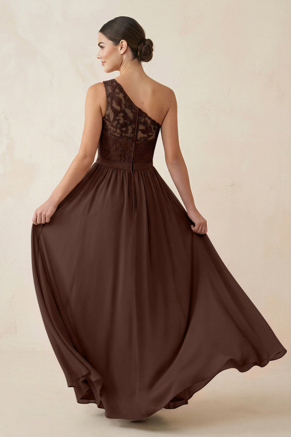One - Shoulder Lace Chiffon A - Line Bridesmaid Dress in Espresso - KissProm Bridesmaid Dresses