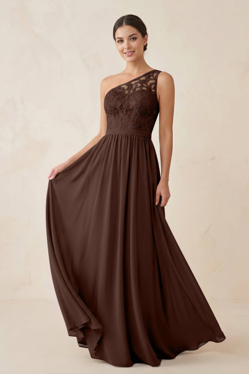 One - Shoulder Lace Chiffon A - Line Bridesmaid Dress in Espresso - KissProm Bridesmaid Dresses