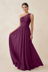 One - Shoulder Lace Chiffon A - Line Bridesmaid Dress in Fig - KissProm Bridesmaid Dresses