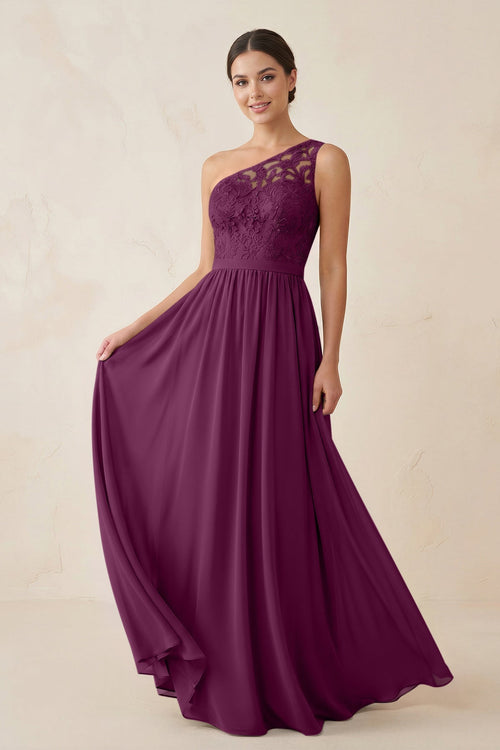 One - Shoulder Lace Chiffon A - Line Bridesmaid Dress in Fig - KissProm Bridesmaid Dresses