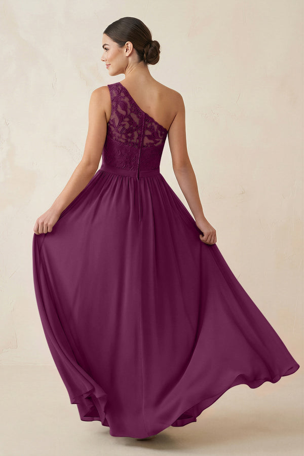 One - Shoulder Lace Chiffon A - Line Bridesmaid Dress in Fig - KissProm Bridesmaid Dresses