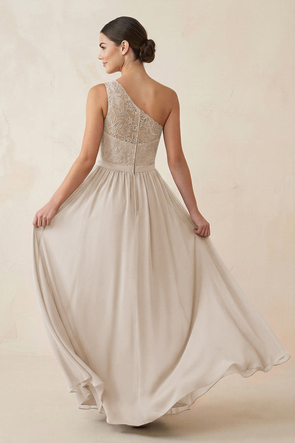 One - Shoulder Lace Chiffon A - Line Bridesmaid Dress in Frost - KissProm Bridesmaid Dresses