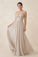 One - Shoulder Lace Chiffon A - Line Bridesmaid Dress in Frost - KissProm Bridesmaid Dresses