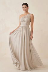 One - Shoulder Lace Chiffon A - Line Bridesmaid Dress in Frost - KissProm Bridesmaid Dresses
