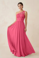 One - Shoulder Lace Chiffon A - Line Bridesmaid Dress in Fuchsia - KissProm Bridesmaid Dresses