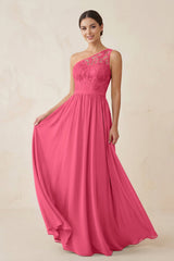 One - Shoulder Lace Chiffon A - Line Bridesmaid Dress in Fuchsia - KissProm Bridesmaid Dresses