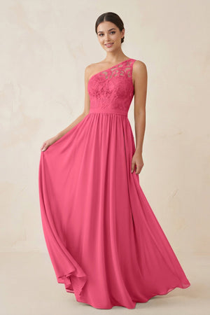 One - Shoulder Lace Chiffon A - Line Bridesmaid Dress in Fuchsia - KissProm Bridesmaid Dresses
