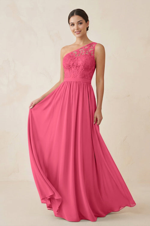 One - Shoulder Lace Chiffon A - Line Bridesmaid Dress in Fuchsia - KissProm Bridesmaid Dresses