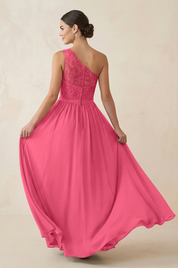 One - Shoulder Lace Chiffon A - Line Bridesmaid Dress in Fuchsia - KissProm Bridesmaid Dresses