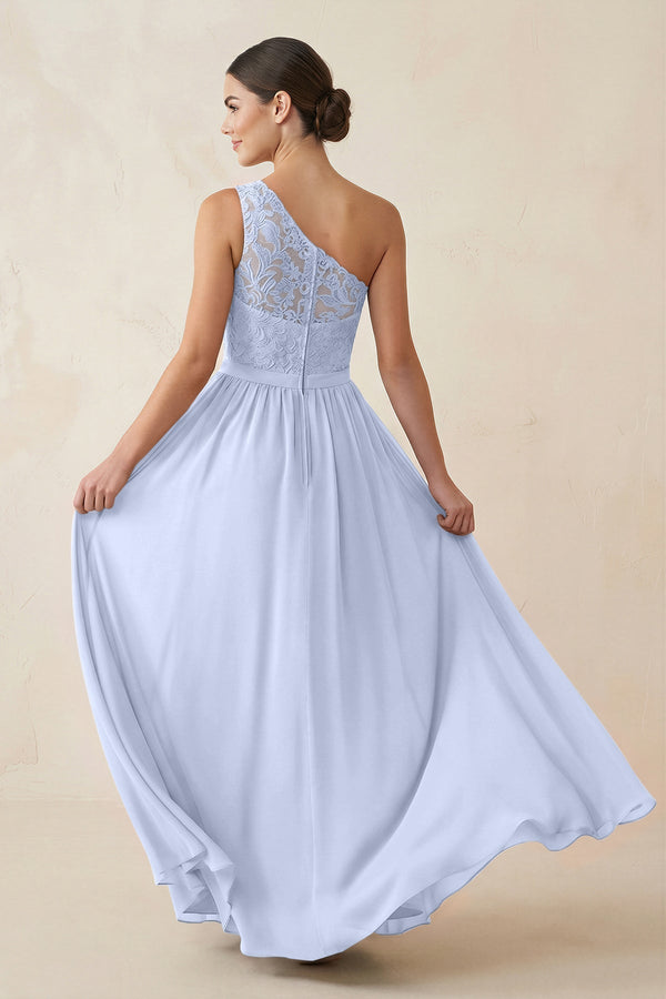 One - Shoulder Lace Chiffon A - Line Bridesmaid Dress in Ice - KissProm Bridesmaid Dresses