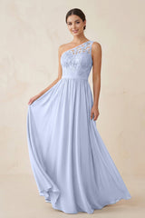 One - Shoulder Lace Chiffon A - Line Bridesmaid Dress in Ice - KissProm Bridesmaid Dresses