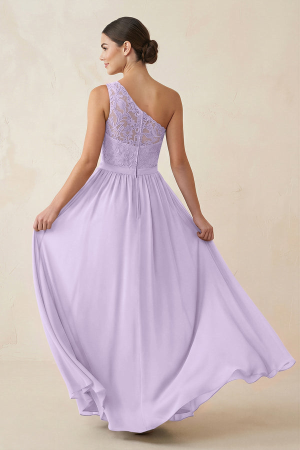 One - Shoulder Lace Chiffon A - Line Bridesmaid Dress in Lavender - KissProm Bridesmaid Dresses