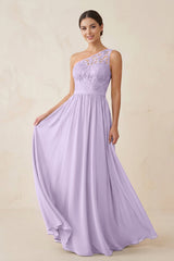 One - Shoulder Lace Chiffon A - Line Bridesmaid Dress in Lavender - KissProm Bridesmaid Dresses