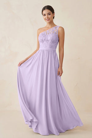 One - Shoulder Lace Chiffon A - Line Bridesmaid Dress in Lavender - KissProm Bridesmaid Dresses
