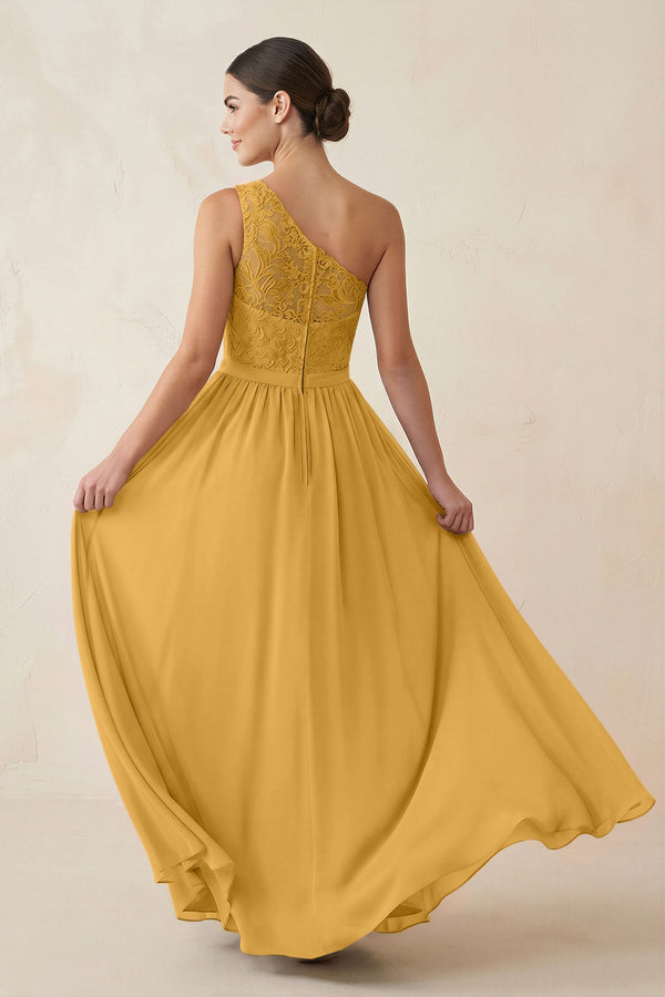 One - Shoulder Lace Chiffon A - Line Bridesmaid Dress in Marigold - KissProm Bridesmaid Dresses