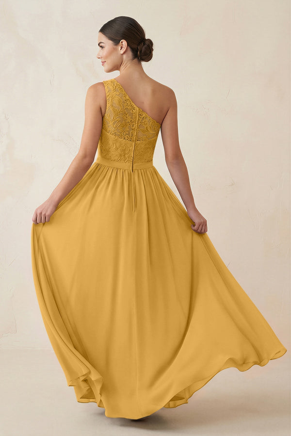 One - Shoulder Lace Chiffon A - Line Bridesmaid Dress in Marigold - KissProm Bridesmaid Dresses