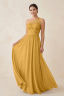 One - Shoulder Lace Chiffon A - Line Bridesmaid Dress in Marigold - KissProm Bridesmaid Dresses