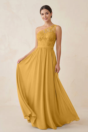 One - Shoulder Lace Chiffon A - Line Bridesmaid Dress in Marigold - KissProm Bridesmaid Dresses