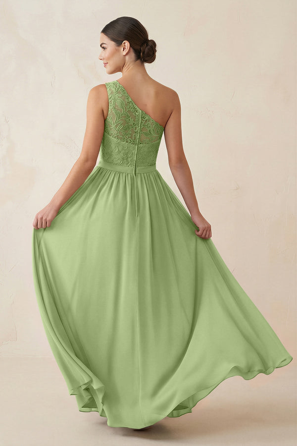 One - Shoulder Lace Chiffon A - Line Bridesmaid Dress in Matcha - KissProm Bridesmaid Dresses