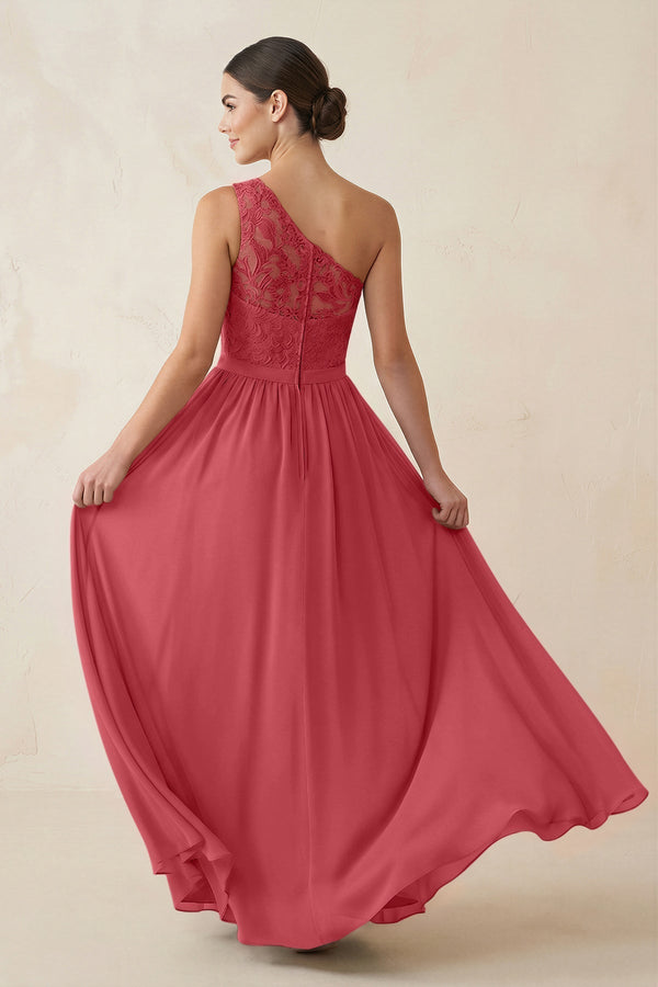 One - Shoulder Lace Chiffon A - Line Bridesmaid Dress in Merlot - KissProm Bridesmaid Dresses