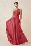 One - Shoulder Lace Chiffon A - Line Bridesmaid Dress in Merlot - KissProm Bridesmaid Dresses
