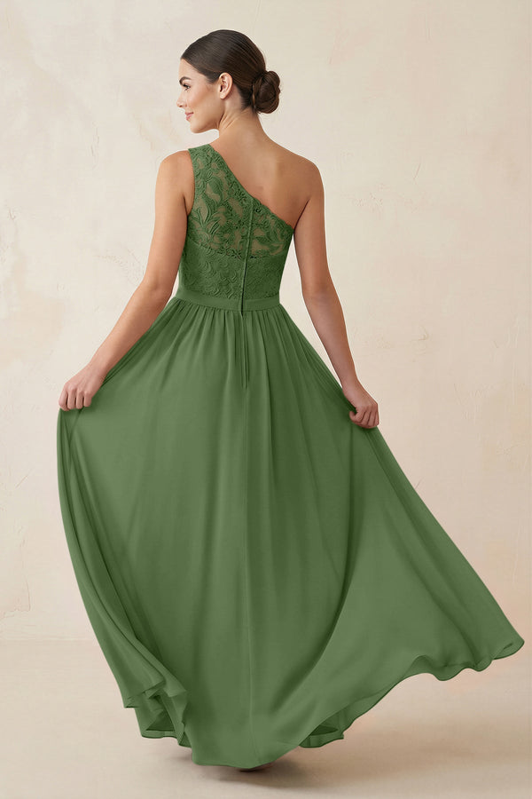 One - Shoulder Lace Chiffon A - Line Bridesmaid Dress in Moss - KissProm Bridesmaid Dresses