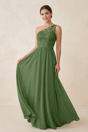 One - Shoulder Lace Chiffon A - Line Bridesmaid Dress in Moss - KissProm Bridesmaid Dresses