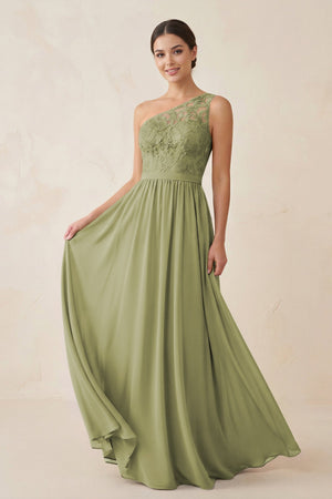 One - Shoulder Lace Chiffon A - Line Bridesmaid Dress in Moss Green - KissProm Bridesmaid Dresses