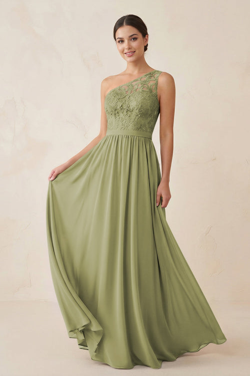 One - Shoulder Lace Chiffon A - Line Bridesmaid Dress in Moss Green - KissProm Bridesmaid Dresses