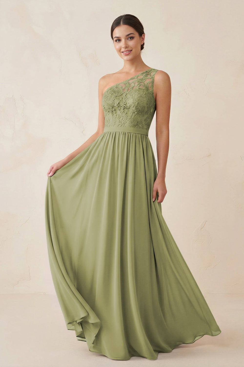 One - Shoulder Lace Chiffon A - Line Bridesmaid Dress in Moss Green - KissProm Bridesmaid Dresses