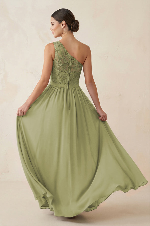 One - Shoulder Lace Chiffon A - Line Bridesmaid Dress in Moss Green - KissProm Bridesmaid Dresses