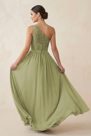One - Shoulder Lace Chiffon A - Line Bridesmaid Dress in Moss Green - KissProm Bridesmaid Dresses