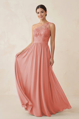 One - Shoulder Lace Chiffon A - Line Bridesmaid Dress in Mulberry - KissProm Bridesmaid Dresses
