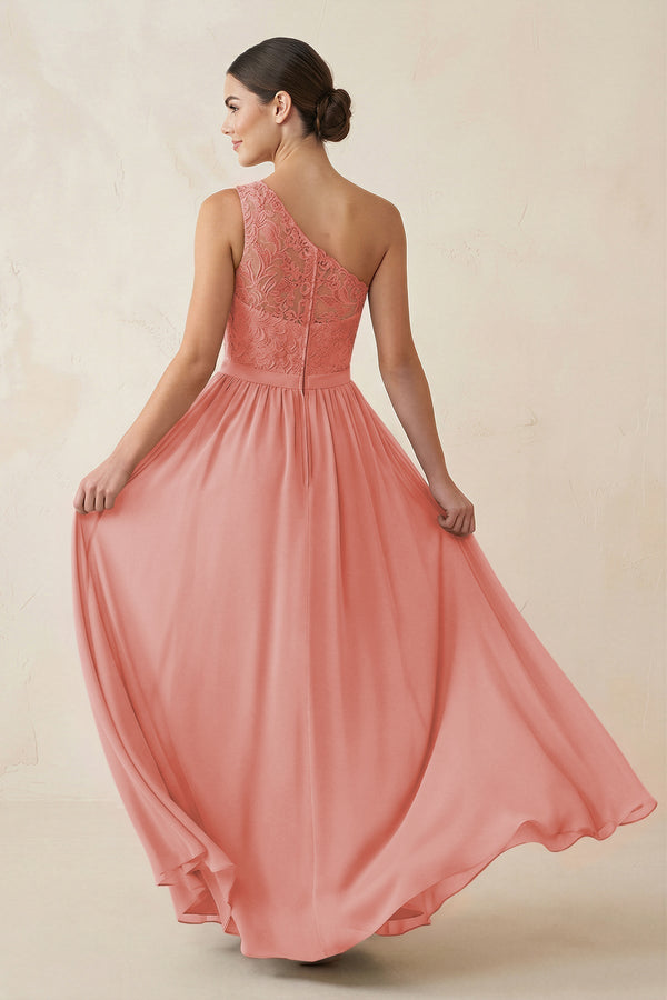 One - Shoulder Lace Chiffon A - Line Bridesmaid Dress in Mulberry - KissProm Bridesmaid Dresses
