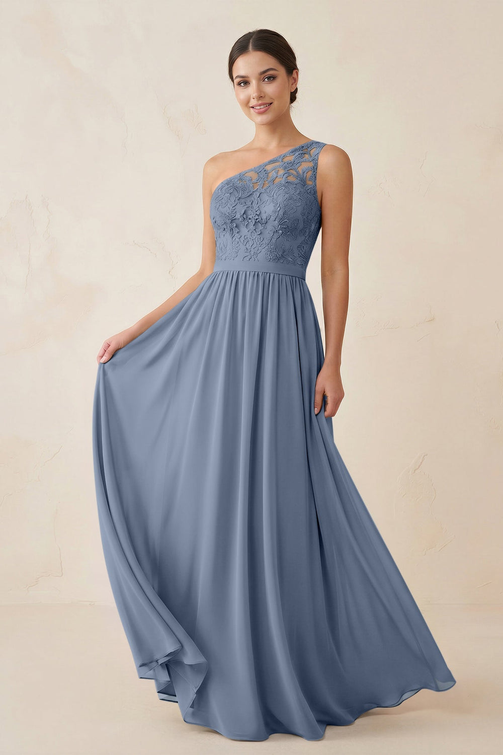 One - Shoulder Lace Chiffon A - Line Bridesmaid Dress in Neptune - KissProm Bridesmaid Dresses