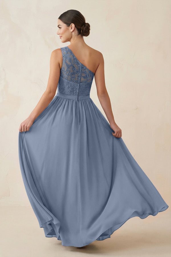 One - Shoulder Lace Chiffon A - Line Bridesmaid Dress in Neptune - KissProm Bridesmaid Dresses