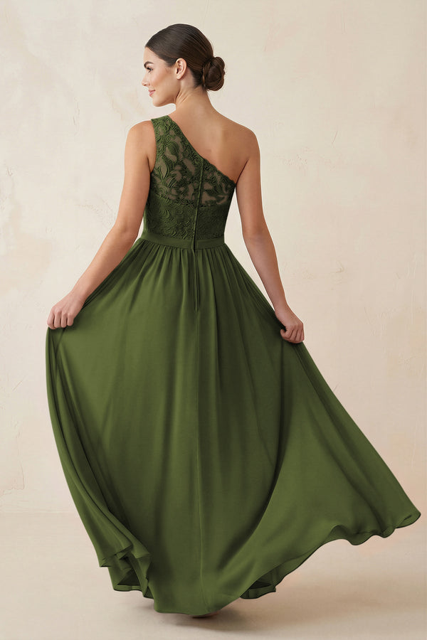 One - Shoulder Lace Chiffon A - Line Bridesmaid Dress in Olive - KissProm Bridesmaid Dresses