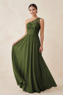 One - Shoulder Lace Chiffon A - Line Bridesmaid Dress in Olive - KissProm Bridesmaid Dresses