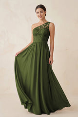 One - Shoulder Lace Chiffon A - Line Bridesmaid Dress in Olive - KissProm Bridesmaid Dresses