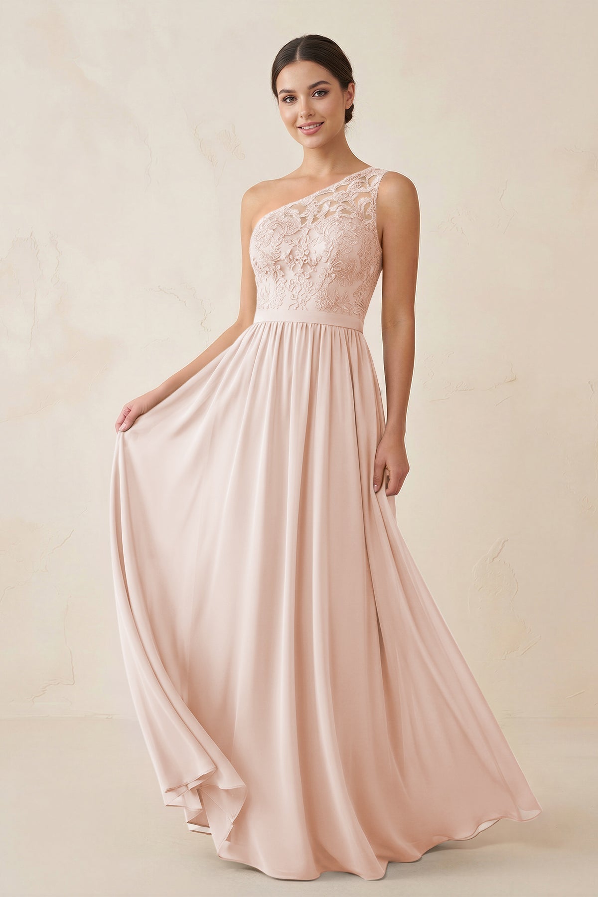 KissProm One-Shoulder Lace Chiffon A-Line Bridesmaid Dress in Pale Blush, Pale Blush / 4