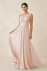 One - Shoulder Lace Chiffon A - Line Bridesmaid Dress in Pale Blush - KissProm Bridesmaid Dresses