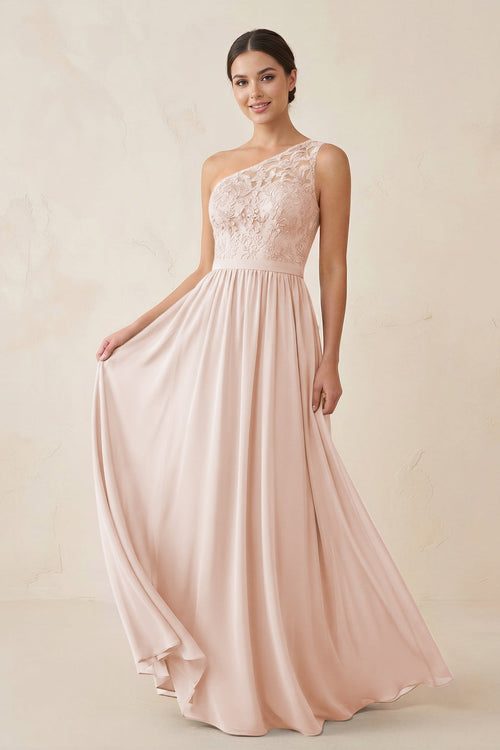 One - Shoulder Lace Chiffon A - Line Bridesmaid Dress in Pale Blush - KissProm Bridesmaid Dresses
