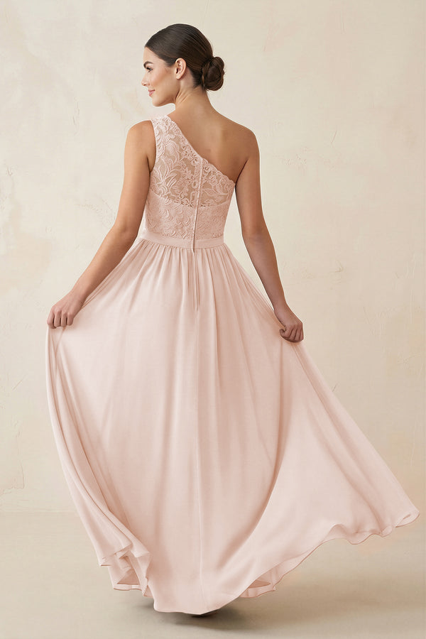 One - Shoulder Lace Chiffon A - Line Bridesmaid Dress in Pale Blush - KissProm Bridesmaid Dresses