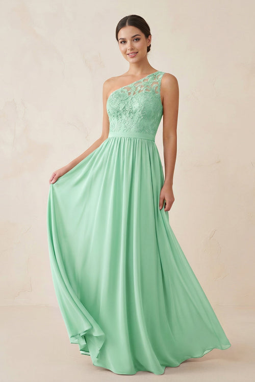 One - Shoulder Lace Chiffon A - Line Bridesmaid Dress in Pale Pistachio - KissProm Bridesmaid Dresses