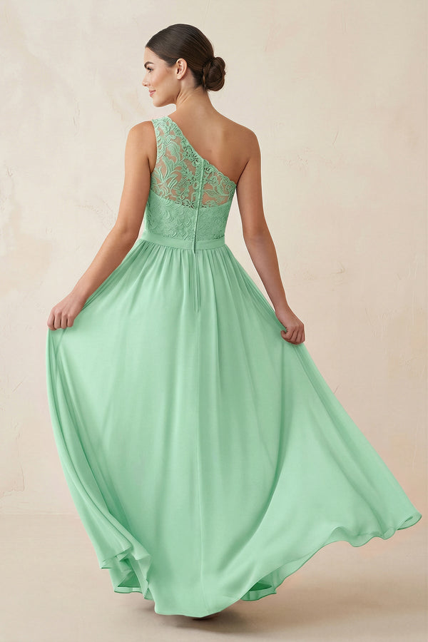 One - Shoulder Lace Chiffon A - Line Bridesmaid Dress in Pale Pistachio - KissProm Bridesmaid Dresses