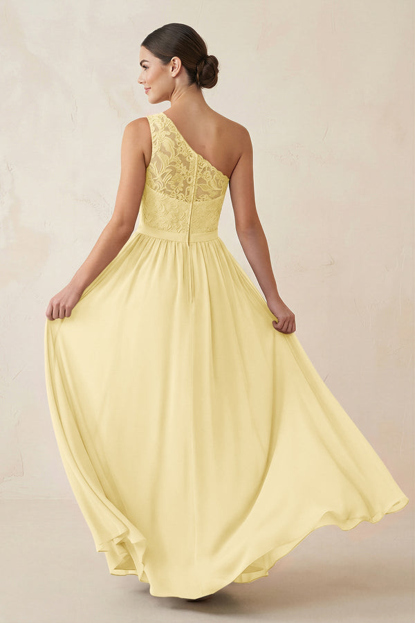 One - Shoulder Lace Chiffon A - Line Bridesmaid Dress in Pastel Yellow - KissProm Bridesmaid Dresses