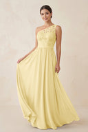 One - Shoulder Lace Chiffon A - Line Bridesmaid Dress in Pastel Yellow - KissProm Bridesmaid Dresses