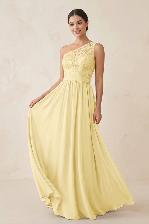 One - Shoulder Lace Chiffon A - Line Bridesmaid Dress in Pastel Yellow - KissProm Bridesmaid Dresses