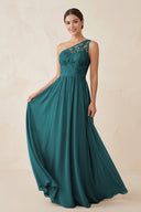 One - Shoulder Lace Chiffon A - Line Bridesmaid Dress in Pine - KissProm Bridesmaid Dresses